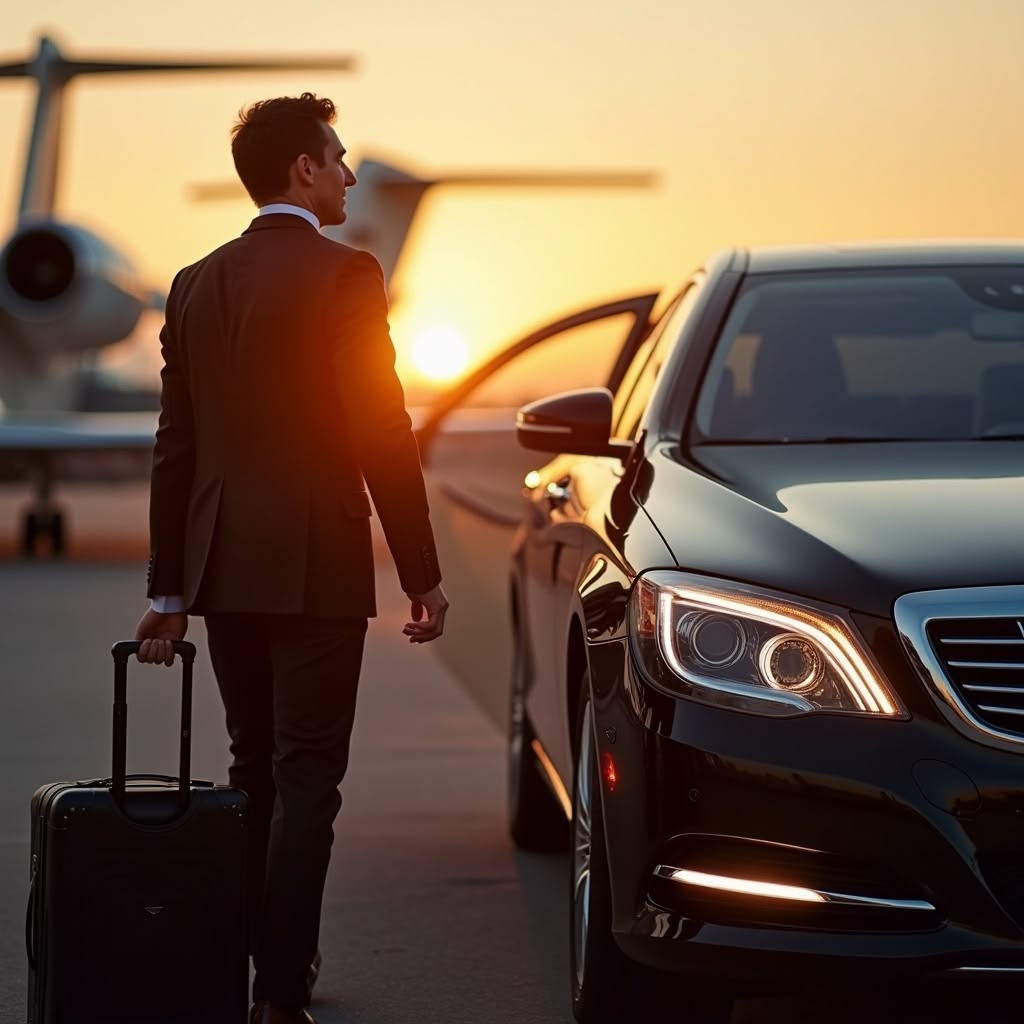 A back-angle view of a professional man in a suit carrying a rolling suitcase, walking toward an open-door black luxury sedan from the SRB Limo fleet on an airport tarmac, with a private jet and a vibrant sunset in the background