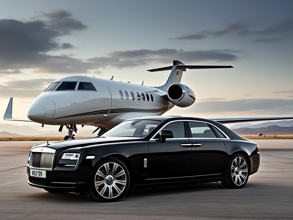 A high-end black luxury sedan from the SRB Limo fleet parked on an airport tarmac with a private jet in the background under a soft evening sky.