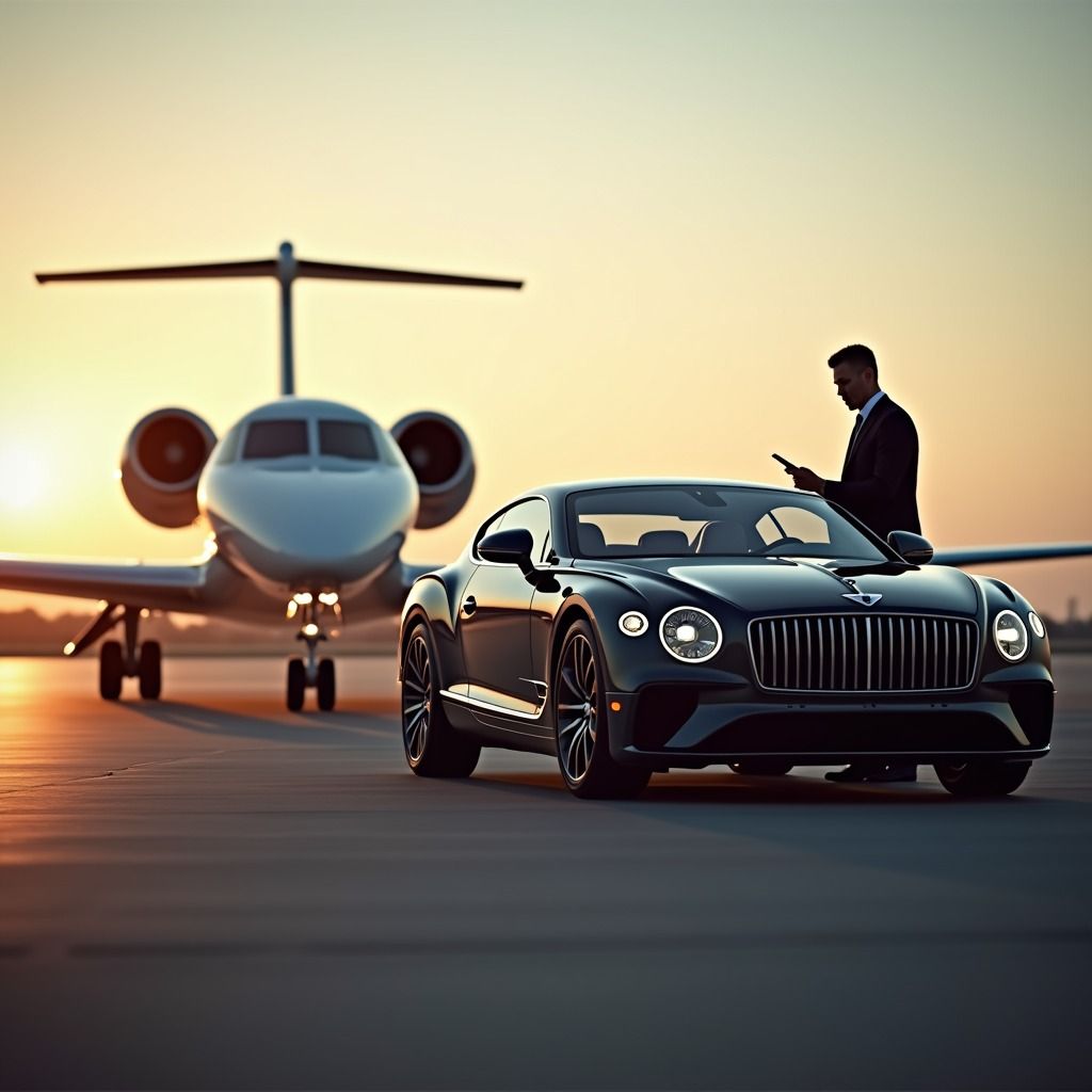 A sleek black luxury coupe from the SRB Limo fleet parked on a sunset-lit airport tarmac next to a private jet, with a professional chauffeur in a suit attending to the vehicle.