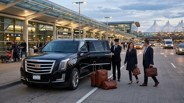 Professional chauffeur assisting passengers with luggage at Boston Logan Airport transport.