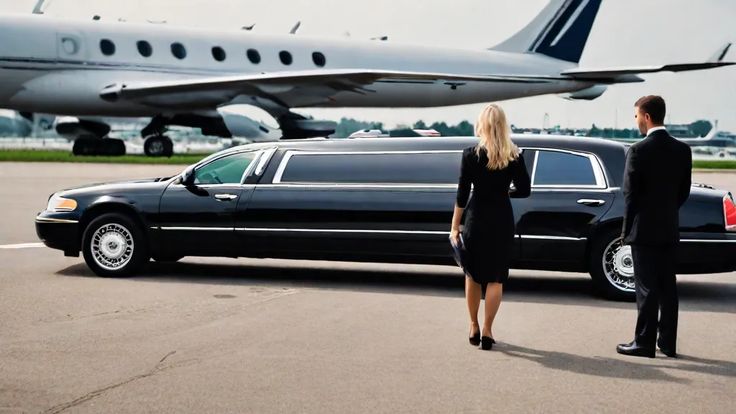 A sleek black stretch limousine from the SRB Limo fleet parked on an airport tarmac next to a private jet, with a professional chauffeur and a female executive preparing to enter the vehicle.