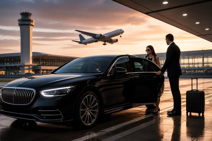 A side profile of a sleek black luxury sedan from the SRB Limo fleet with its rear door open, where a professional chauffeur is assisting a business traveler at a modern airport terminal during a golden sunset, with a plane taking off in the background