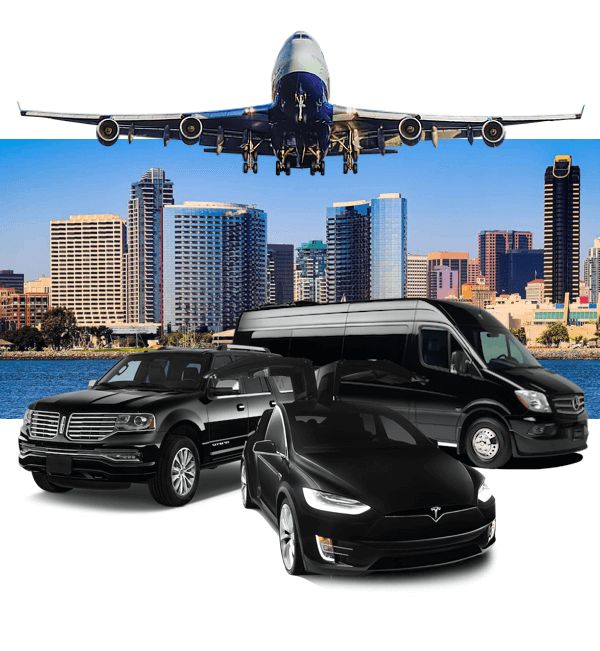 A composite image featuring a black Tesla Model X, a Lincoln Navigator, and a Mercedes-Benz Sprinter van from the SRB Limo fleet, set against a city skyline by the water with a large commercial airplane taking off overhead.