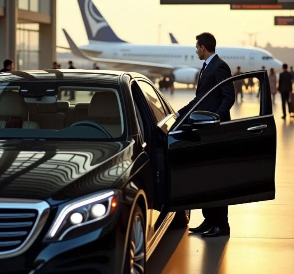 A close-up front-angle view of a polished black luxury sedan from the SRB Limo fleet with an open door, where a professional chauffeur in a suit is preparing for a passenger at a busy airport terminal with a large airplane in the background