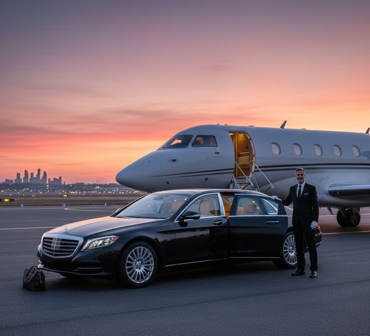 A front-angle view of a polished black luxury Mercedes-Benz sedan from the SRB Limo fleet with an open rear door, where a professional chauffeur in a suit and white gloves is standing next to a private jet on an airport tarmac during a vibrant orange sunset