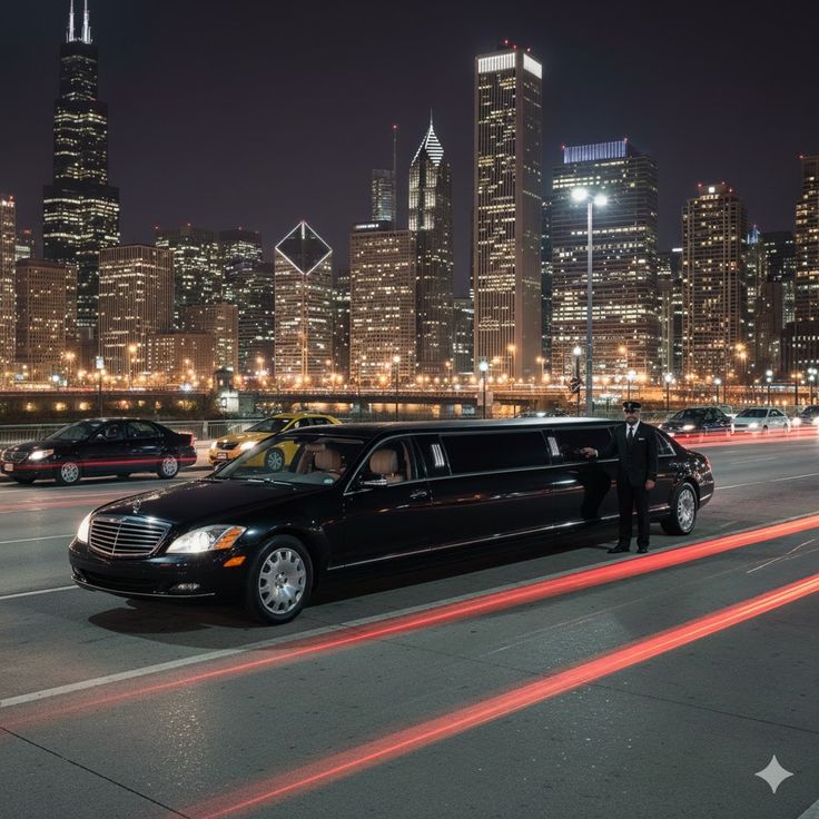 A long black stretch Mercedes-Benz limousine from the SRB Limo fleet parked on a city bridge at night with a professional chauffeur standing by the door, featuring a glowing city skyline in the background.