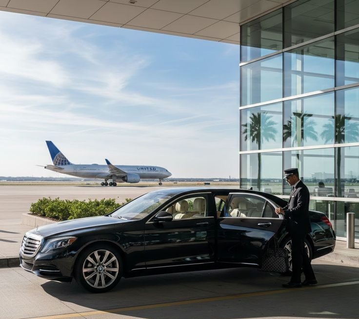 A side profile of a polished black luxury sedan from the SRB Limo fleet with its rear door open, where a professional chauffeur in a formal uniform is assisting at a modern airport terminal with a large commercial jet visible on the runway in the background.