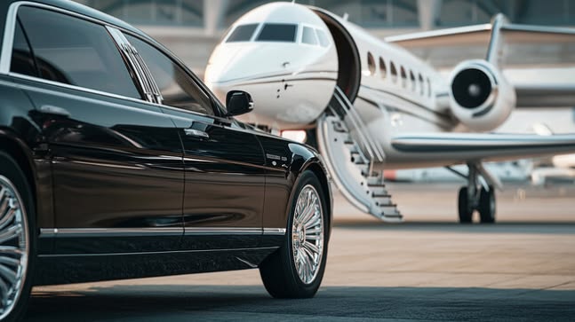A side-angle close-up of a polished black luxury sedan from the SRB Limo fleet parked on an airport tarmac next to a white private jet with its stairs deployed.