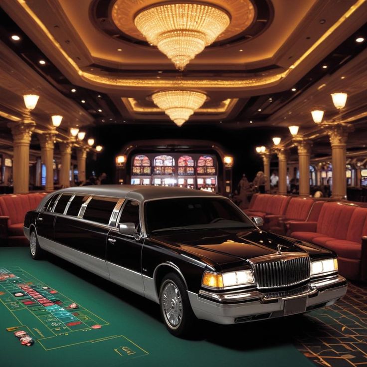 A Pixar-style render of a long black and silver luxury stretch limousine from the SRB Limo fleet parked inside a grand, opulently lit casino with massive crystal chandeliers and a green craps table in the foreground.