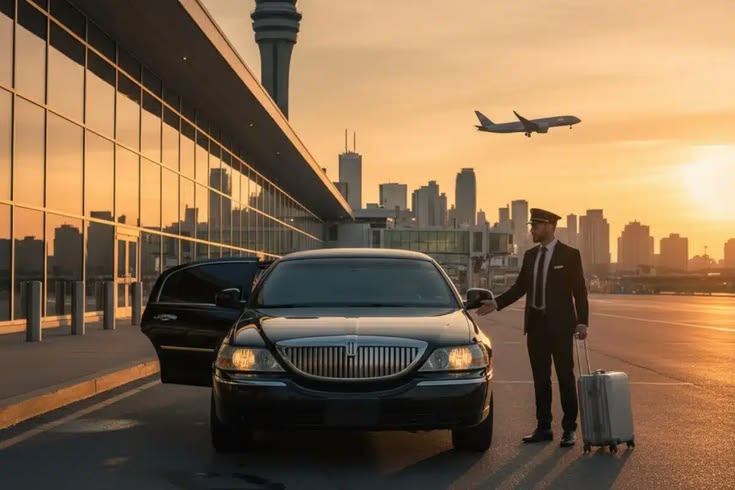 A professional chauffeur in a formal suit and cap holding a silver suitcase, standing next to a black luxury sedan with an open door at an airport terminal during sunset, with a plane in the sky and a city skyline in the background