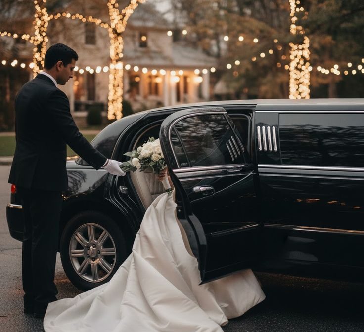 Professional chauffeur opening luxury wedding limousine door for bride at elegant evening venue