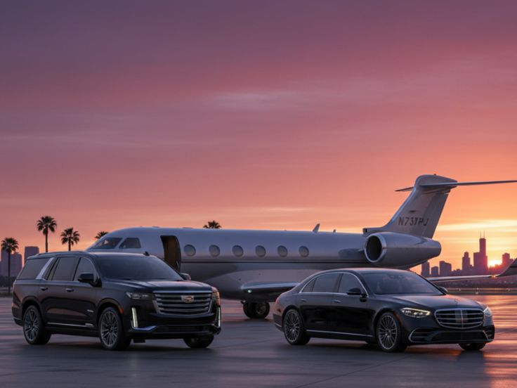 A front-angle view of a black luxury SUV and a sleek black sedan from the SRB Limo fleet parked side-by-side on an airport tarmac next to a private jet, with palm trees and a city skyline visible under a purple and orange sunset sky.
