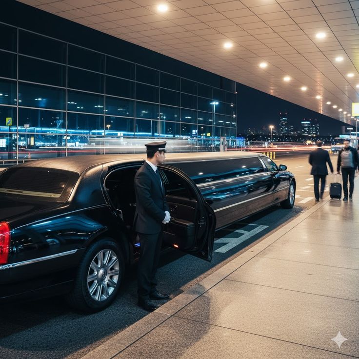 A professional chauffeur in a formal uniform standing next to an open door of a black stretch limousine at a modern airport terminal during the night.
