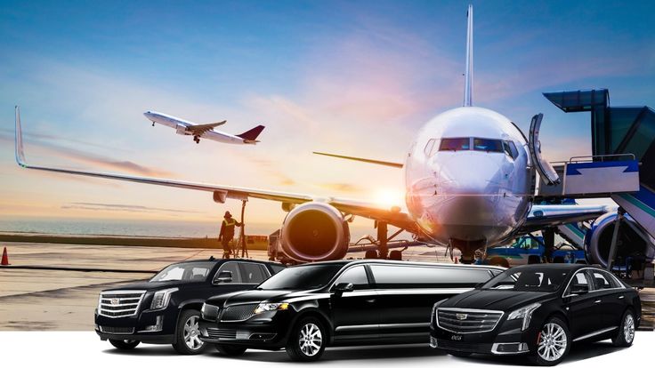 A composite image featuring three polished black vehicles from the SRB Limo fleet—a luxury SUV, a stretch limousine, and an executive sedan—positioned in front of a large commercial airplane at an airport gate during a vibrant sunset.