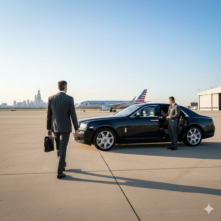 A high-quality render of a professional chauffeur in a formal suit holding the door open for a businessman with a briefcase, next to a polished black luxury sedan on an airport tarmac with an American Airlines plane and a city skyline in the background.