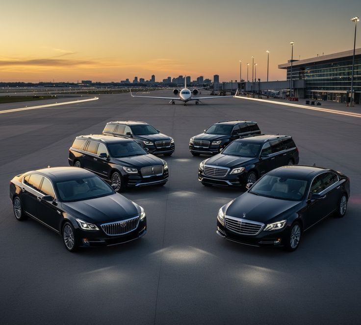 A high-angle view of six polished black luxury vehicles, including executive sedans and large SUVs from the SRB Limo fleet, arranged in a symmetrical V-formation on an airport tarmac with a private jet and a sunset city skyline in the background.