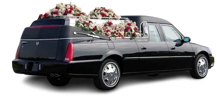 A side view of a polished black hearse from the SRB Limo fleet, featuring silver accents and beautiful red and white floral arrangements on the roof, set against a plain white background