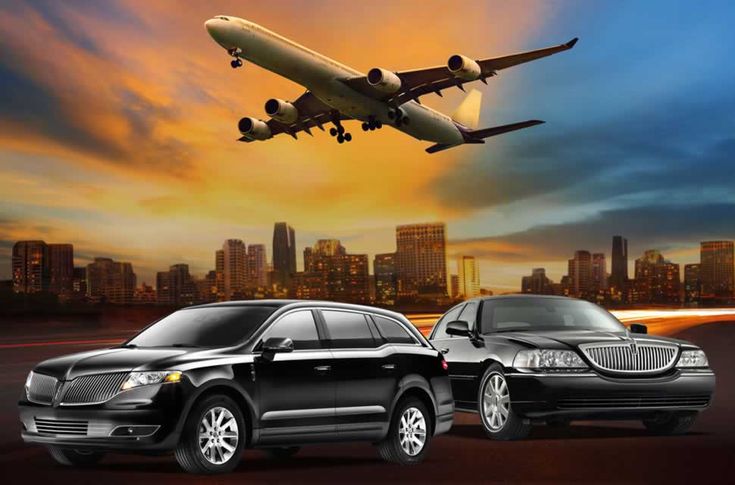 A composite image featuring two polished black luxury vehicles—a premium SUV and a sophisticated sedan—parked against a vibrant sunset city skyline, with a large commercial airplane flying overhead.