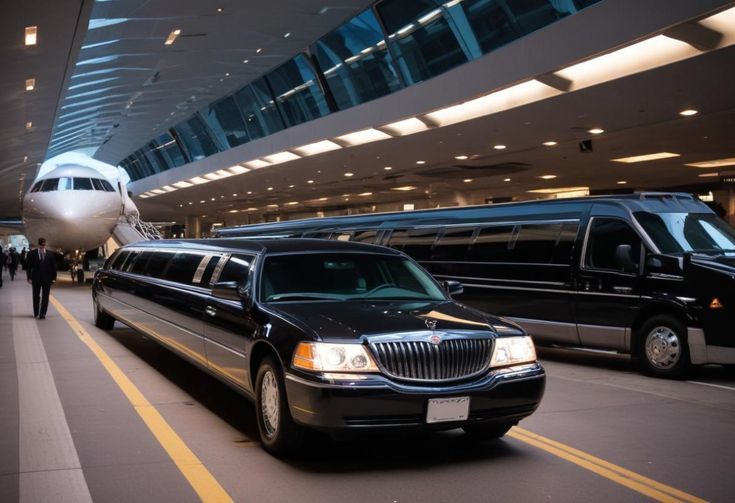 Luxury airport limousine service with black stretch limo and executive shuttle near private jet terminal