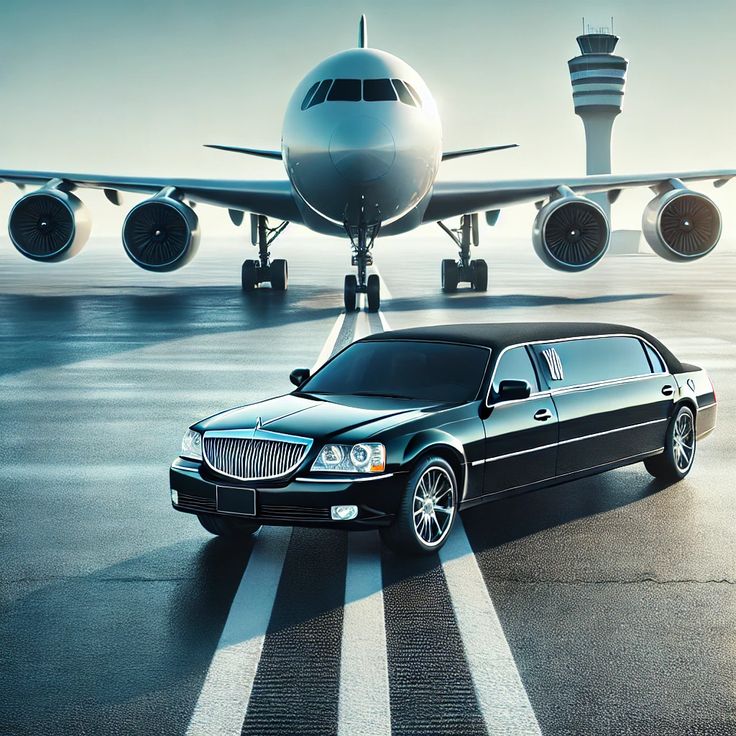 A front-angle view of a sleek, black luxury stretch limousine from the SRB Limo fleet parked on an airport runway directly in front of a large commercial jet, with an air traffic control tower in the background under a bright sky.