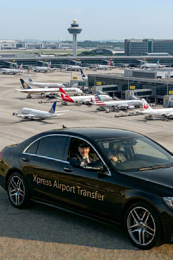 A professional chauffeur in a black luxury sedan with 'Xpress Airport Transfer' branding, parked with a large international airport and several airplanes in the background.
