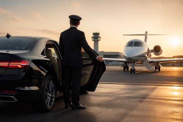 A professional chauffeur in uniform opening the door of a black luxury sedan for a passenger on an airport tarmac, with a private jet and control tower in the background during a golden sunset.