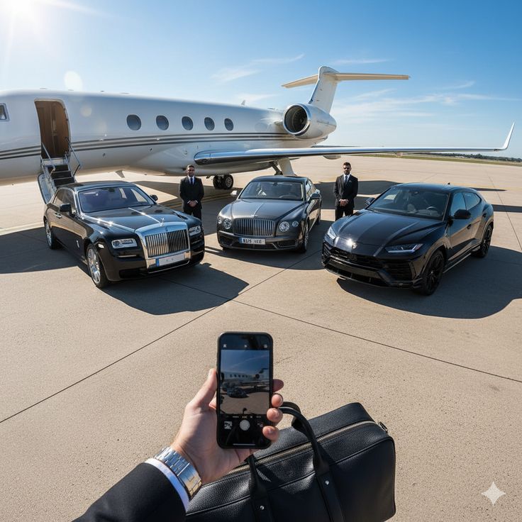 A high-angle first-person view of a person holding a phone and a leather bag, looking at three luxury black vehicles—a sedan, a coupe, and an SUV—lined up on a sunny airport tarmac in front of a private jet with two professional chauffeurs standing by.