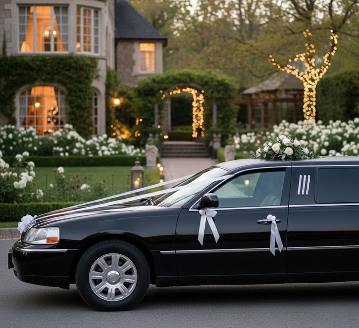 Luxury black wedding limousine parked outside an elegant venue with floral decorations and lights in the evening