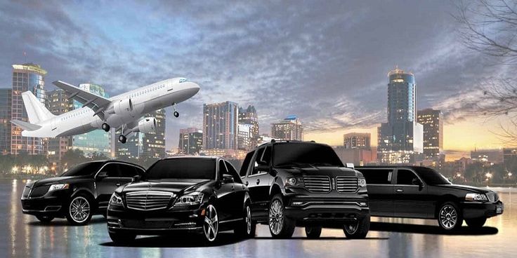 A wide-angle composite shot featuring a diverse fleet of black luxury vehicles, including sedans, SUVs, and a stretch limousine, parked in front of the Phoenix city skyline with a large airplane taking off in the background