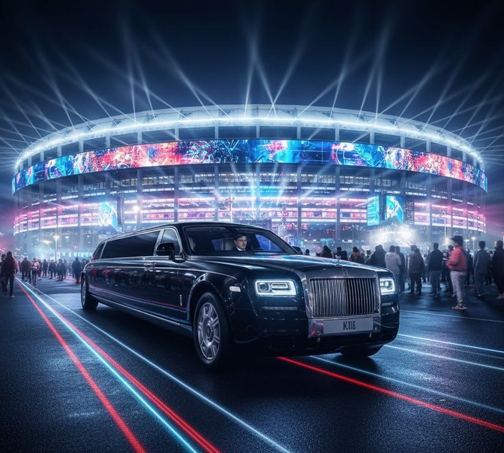 A Pixar-style render of a long black luxury stretch limousine from the SRB Limo fleet parked in front of a massive, brightly lit modern stadium at night with crowds of people and vibrant light trails.