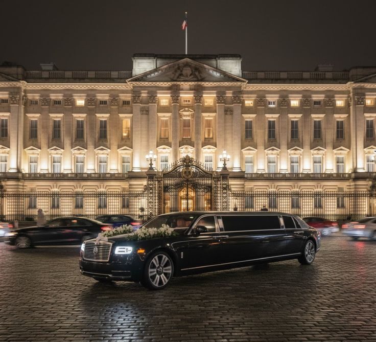 : A long black luxury stretch limousine from the SRB Limo fleet, decorated with white wedding flowers on the hood, parked on a cobblestone street in front of a grand, illuminated palace at night.