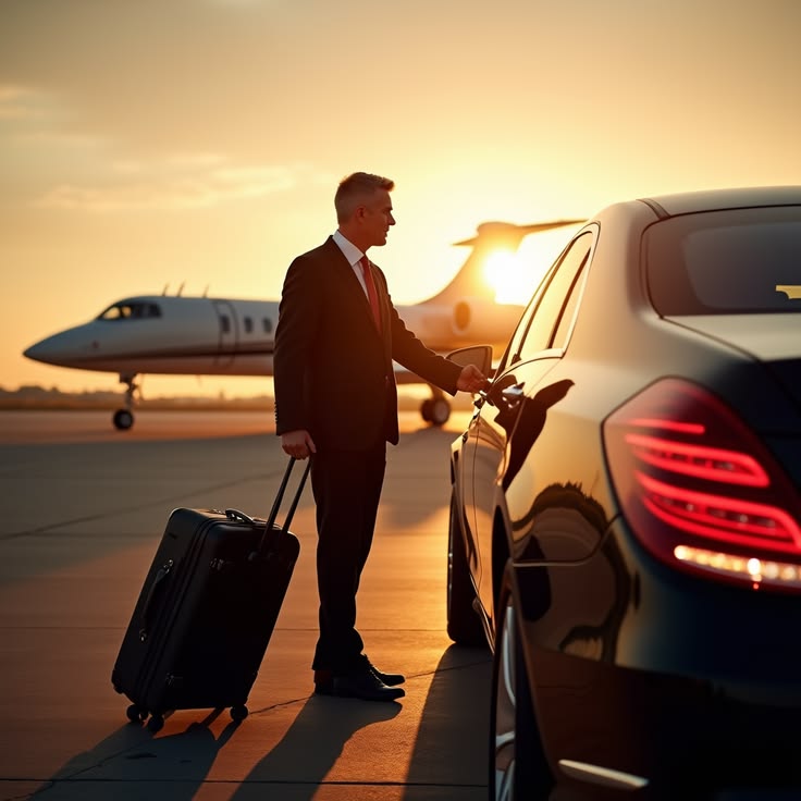 A side-angle view of a professional man in a suit holding a rolling suitcase while opening the door of a black luxury sedan from the SRB Limo fleet on an airport tarmac, with a private jet and a bright sunset in the background