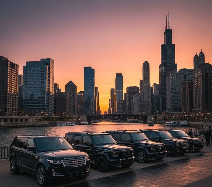 A line of high-end luxury SUVs parked against a city skyline, representing our premium executive car service.