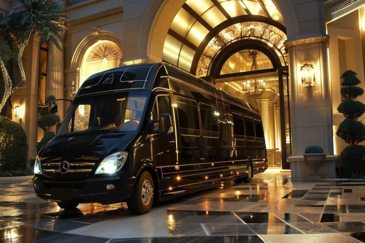 A side-angle view of a polished black Mercedes-Benz Sprinter executive van from the SRB Limo fleet parked in front of a grand, lit-up luxury hotel entrance at night.