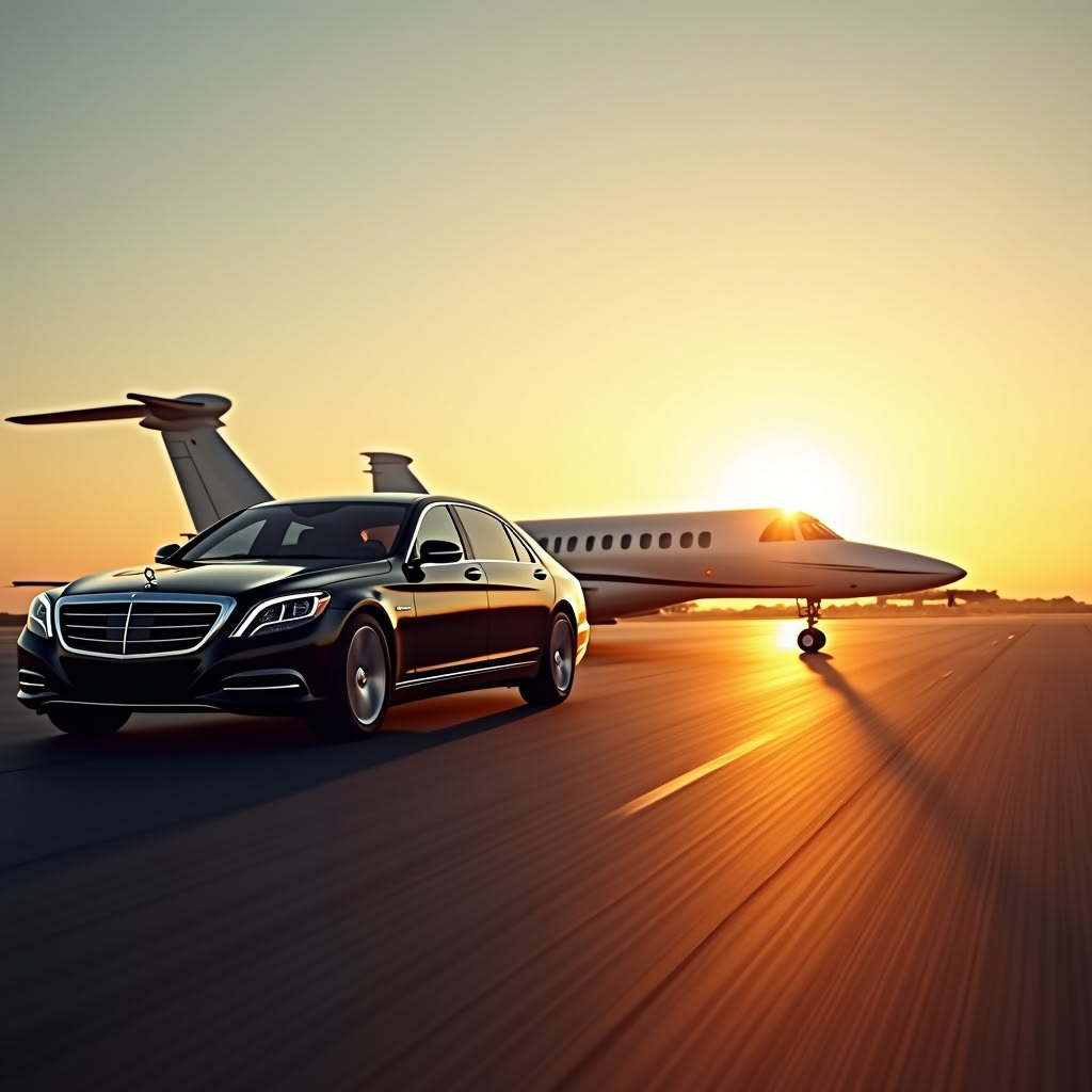 A sleek black luxury Mercedes-Benz sedan from the SRB Limo fleet driving on an airport runway alongside a private jet during a vibrant golden sunset