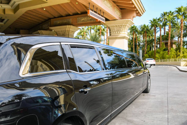 A long black stretch limousine from the SRB Limo fleet parked under the grand entrance of a luxury resort, surrounded by palm trees in a sunny, tropical setting.