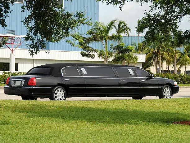 A side-profile view of a long, polished black stretch limousine from the SRB Limo fleet parked on a road beside a green lawn, with palm trees and a light-colored building in the background
