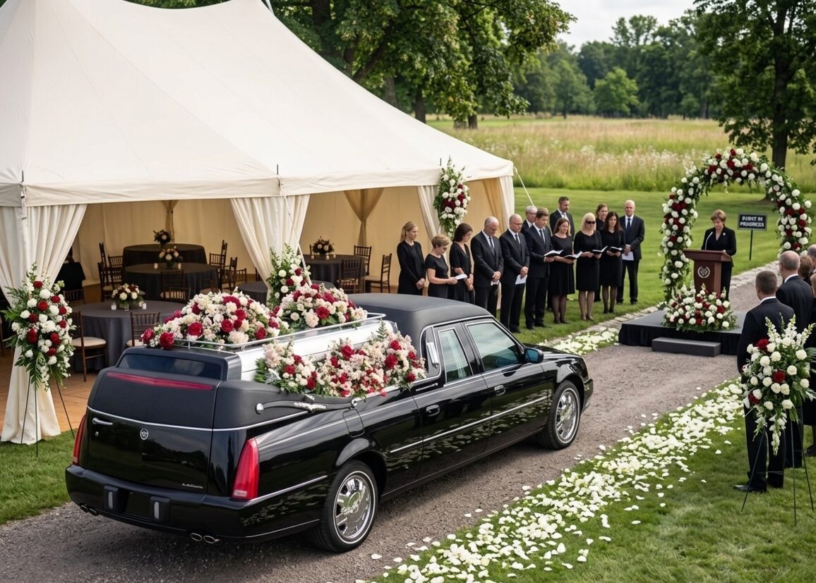 A hearse adorned with flowers at a memorial service, representing a professional and compassionate Funeral Transportation Service.